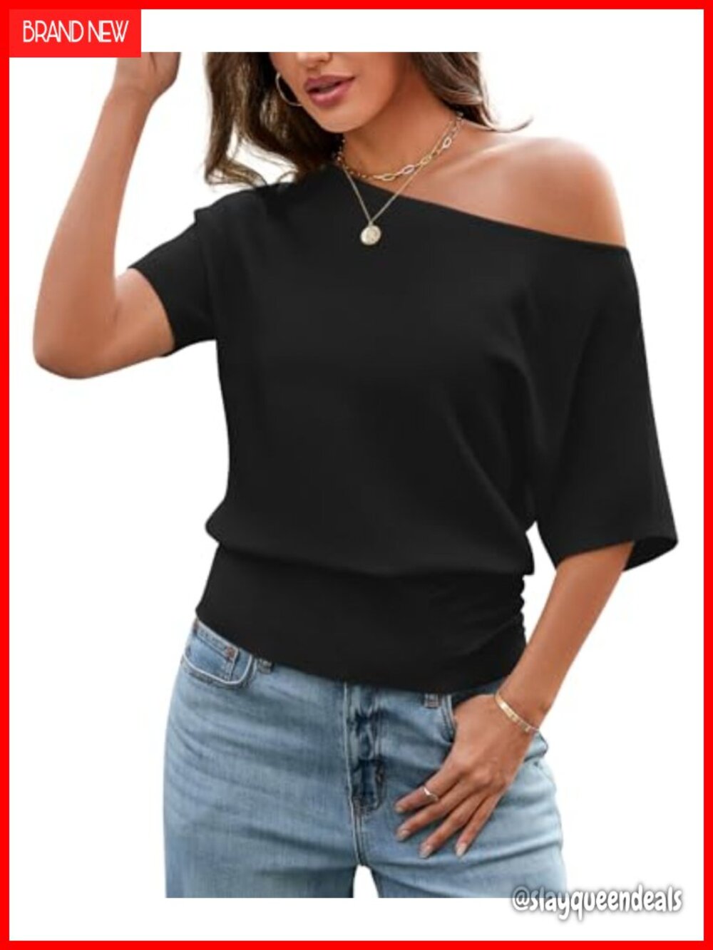 Off Shoulder Short Sleeve Batwing Sweater Soft Cinched Waist Knit Going Out Top